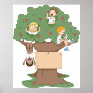 Poster Enfants amusants jouant dans l'arbre Apple