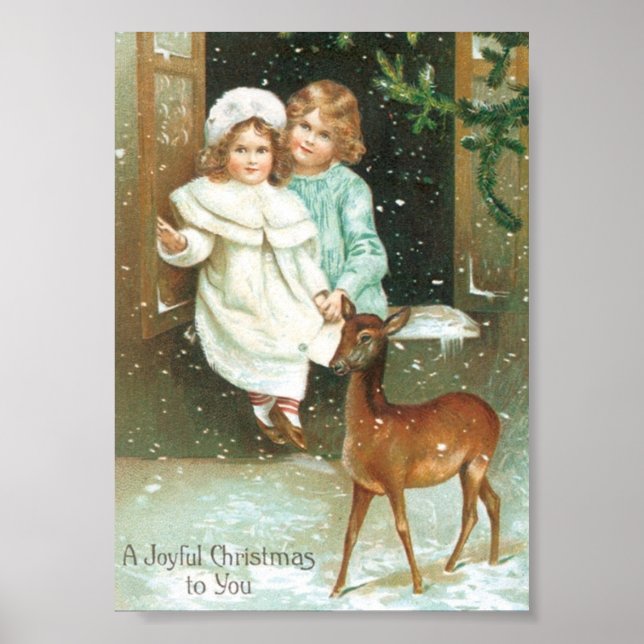 Poster Enfants avec cerf à Noël (Devant)