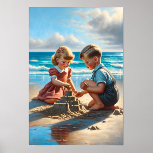 Poster Enfants Bâtir un château de sable sur la plage