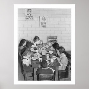 Poster Enfants de l'école manger déjeuner - Vintage