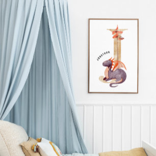 Poster Enfants Dragon Nom personnalisé Monogram J Nursery