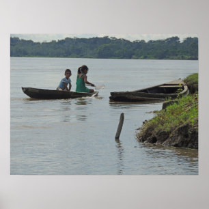Poster Enfants en bateau en bois sur le fleuve Napo au Pé