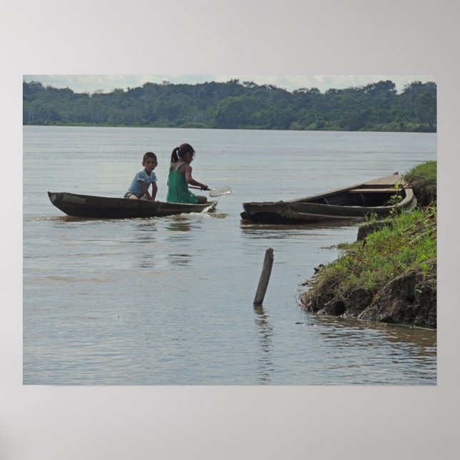 Poster Enfants en bateau en bois sur le fleuve Napo au Pé (Devant)