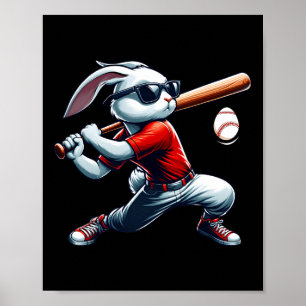 Poster Enfants Garçons Heureux Bunny Pâques Jouant Baseba