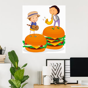 Poster Enfants jouant de la musique sur des cheeseburgers