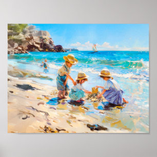 Poster Enfants jouant sur la plage - Art impressionniste