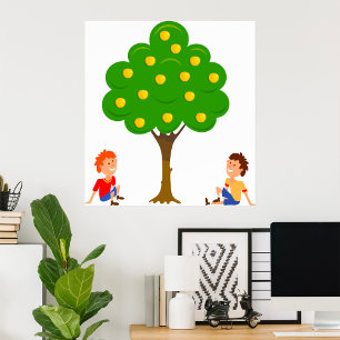 Poster Enfants joueuses assis sous un arbre de pomme