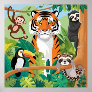 Poster Enfants mignons Animaux Jungle Tigre Singe Oiseau