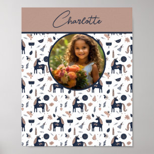 Poster Enfants Navy Beige Unicorne Photo personnalisée av