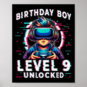 Poster Enfants Niveau 9 Déverrouillé 9 ans Anniversaire J