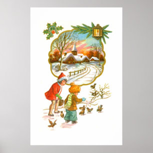 Poster Enfants nourrissant les oiseaux