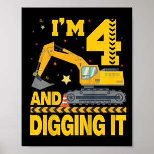 Poster Enfants quatre 4ans 4e anniversaire Excavateur 4 a