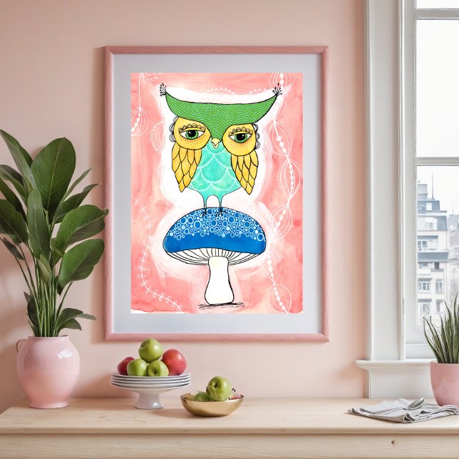 Poster Enfants Salle Chouette Artiste Aquarelle Peinture  (Example of artist print framed and in a home scene.)