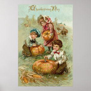 Poster Enfants sculptant des citrouilles Turquie meule de