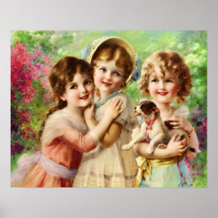 Poster Enfants victoriens avec chiot, Emile Vernon