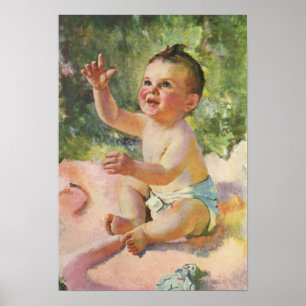 Poster Enfants Vintage, Bébé Fille Mignonne sur une Couve