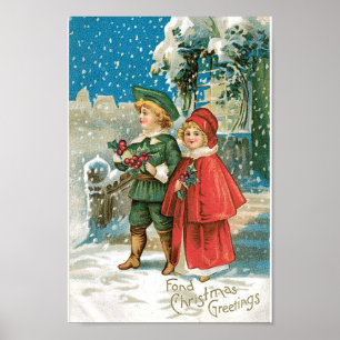 Poster Enfants vintages de Noël dans la neige