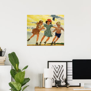 Poster Enfants vintages, Garçons Fun Roller Patinage