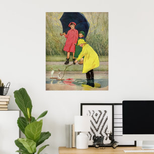 Poster Enfants vintages Jouant Puddles Toy Boats Pluie