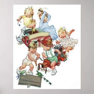 Poster Enfants vintages Jouer avec des camions de pompier