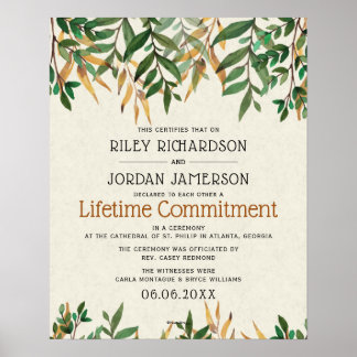 Poster "Engagement à vie" Certificat Mariage de verdure