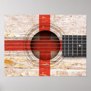 Poster English Flag on Old Acoustic Guitar