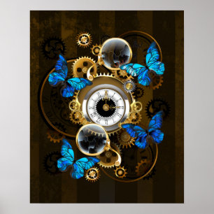 Poster Engrenages à vapeur et papillons bleus