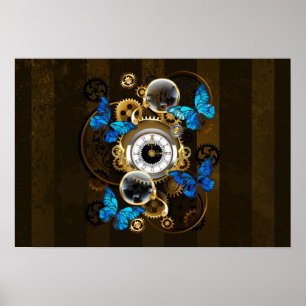 Poster Engrenages à vapeur et papillons bleus