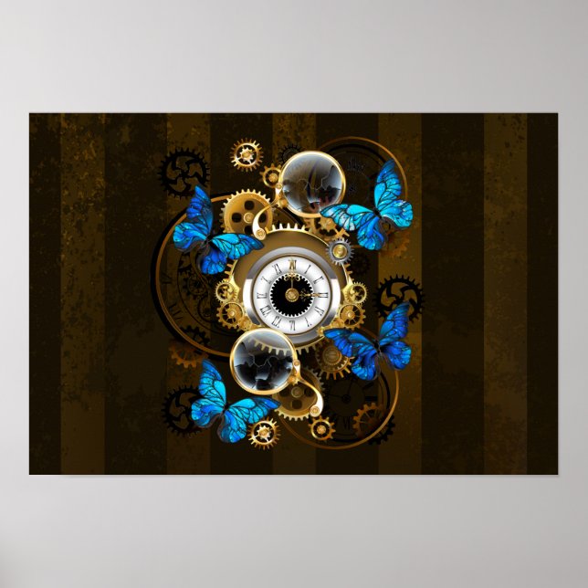 Poster Engrenages à vapeur et papillons bleus (Devant)
