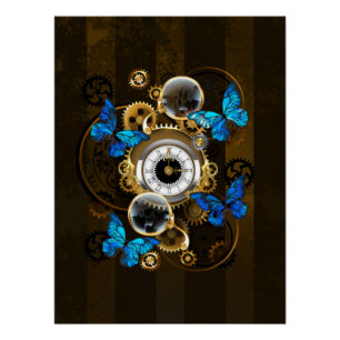 Poster Engrenages à vapeur et papillons bleus