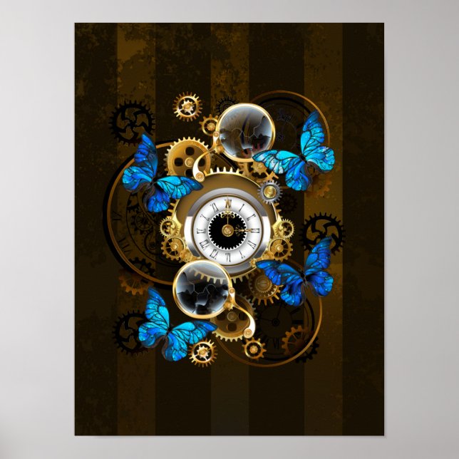 Poster Engrenages à vapeur et papillons bleus (Devant)