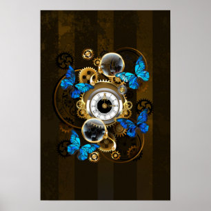 Poster Engrenages à vapeur et papillons bleus