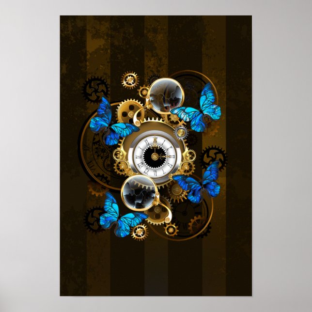 Poster Engrenages à vapeur et papillons bleus (Devant)