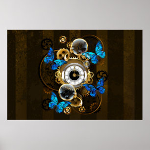 Poster Engrenages à vapeur et papillons bleus