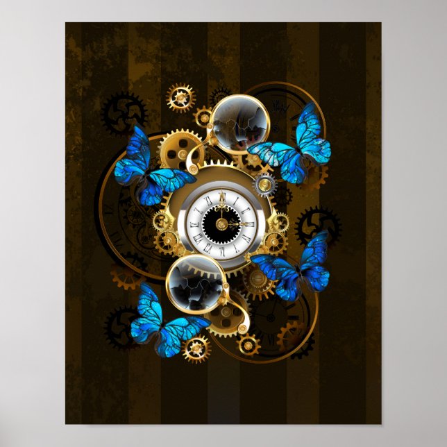 Poster Engrenages à vapeur et papillons bleus (Devant)