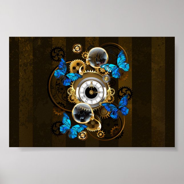 Poster Engrenages à vapeur et papillons bleus (Devant)