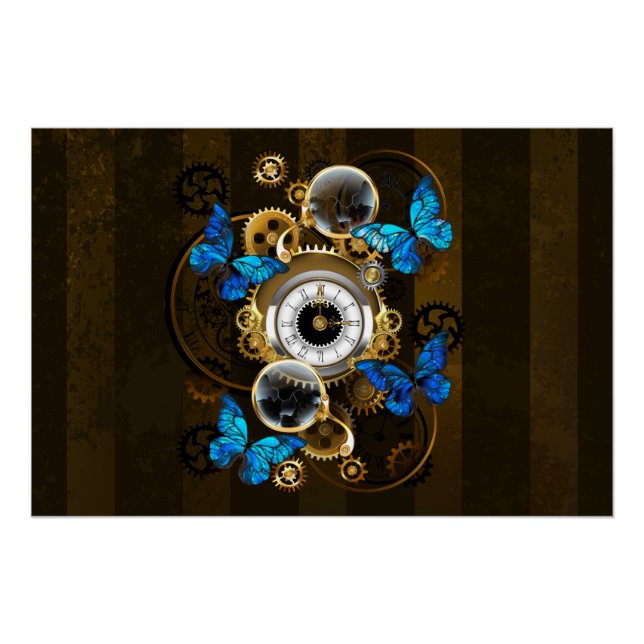 Poster Engrenages à vapeur et papillons bleus (Devant)