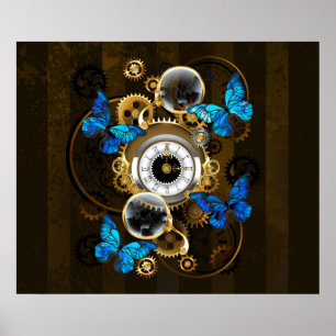 Poster Engrenages à vapeur et papillons bleus