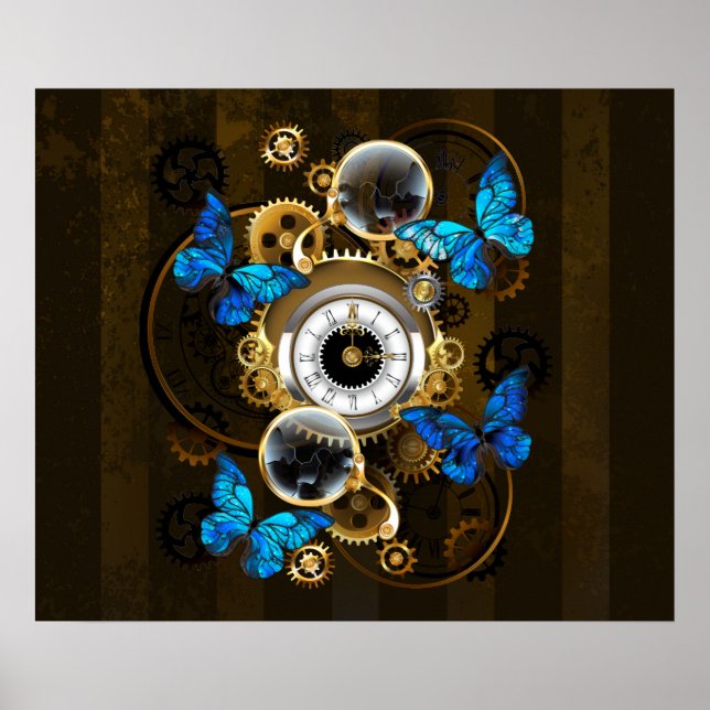 Poster Engrenages à vapeur et papillons bleus (Devant)