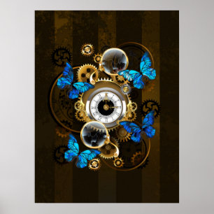 Poster Engrenages à vapeur et papillons bleus