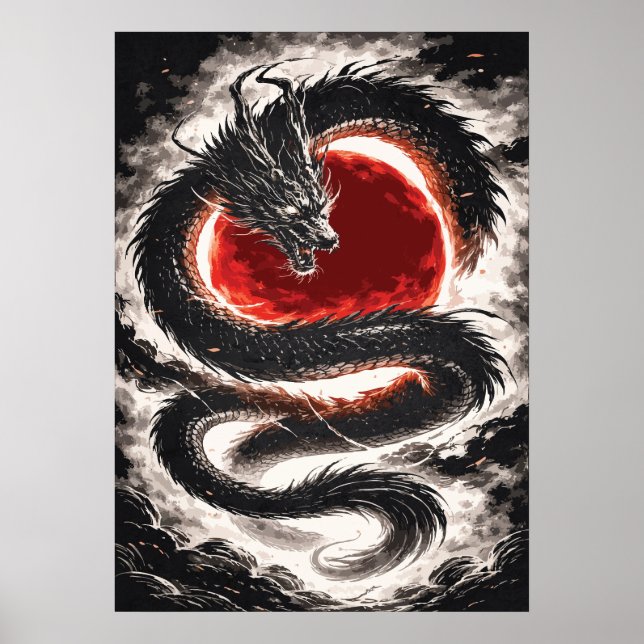 Poster Enroulement de dragon sur une éclipse rouge - Art  (Devant)