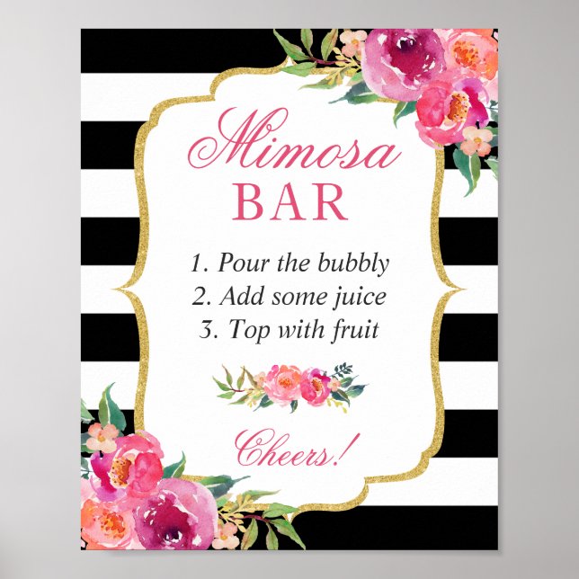 Poster Enseigne de bar à Mimosa pour mariage floral rose  (Devant)