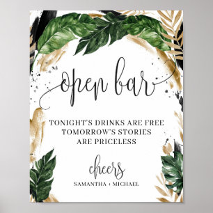 Poster Enseigne de bar ouvert avec feuilles tropicales et
