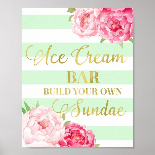 Poster Enseigne de barre de glace à la crème florale rose (Devant)