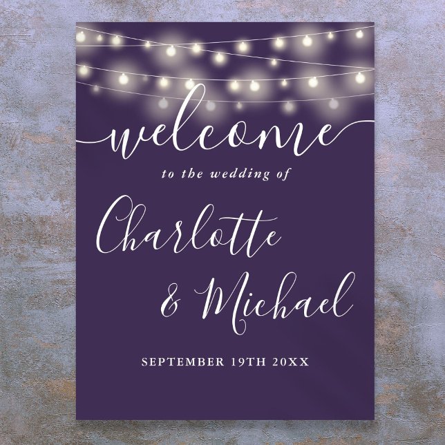 Poster Enseigne de bienvenue de mariage avec guirlandes v (Purple String Lights Wedding Welcome Sign)