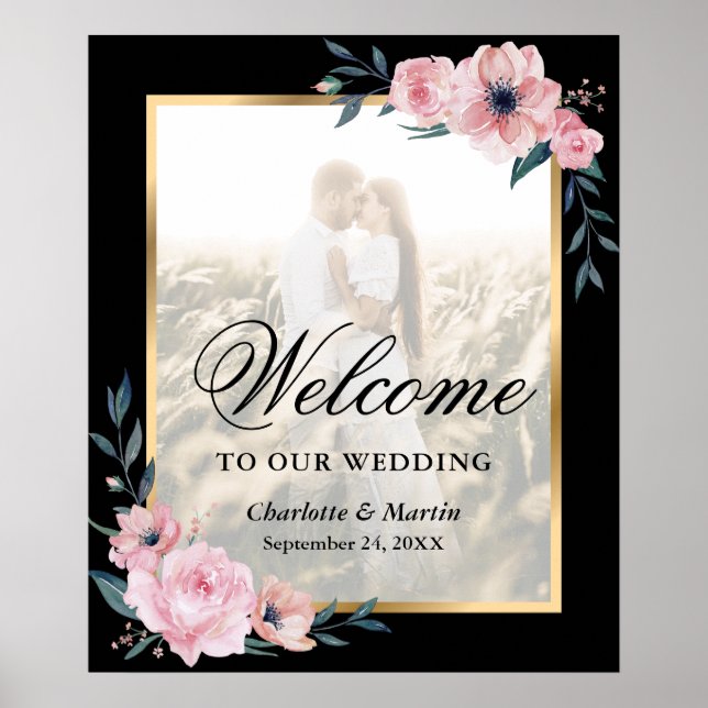 Poster Enseigne de bienvenue de mariage photo florale ros (Devant)