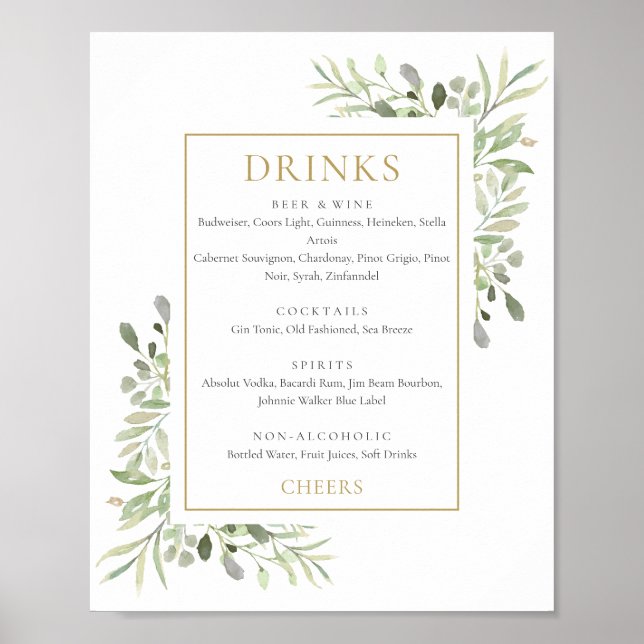 Poster Enseigne de menu de boissons à la verdure aquarell (Devant)