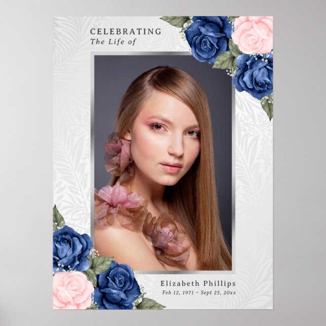 Poster Enseigne funéraire de photo florale rose bleu aqua (Devant)