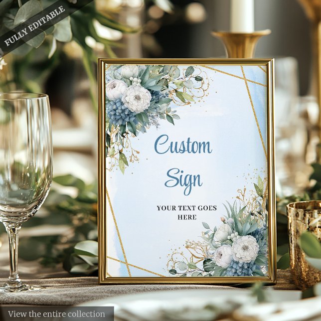 Poster Enseigne numérique personnalisée Bleu poussiéreux  (Classic Dusty Blue Greenery Custom Wedding Sign)