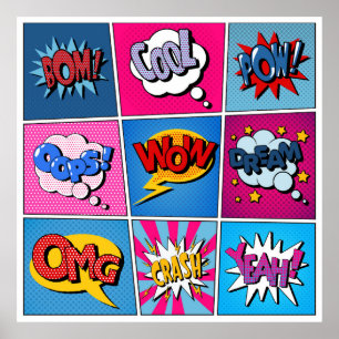 Poster Ensemble de bulles comiques. Expressions Bom, Cool